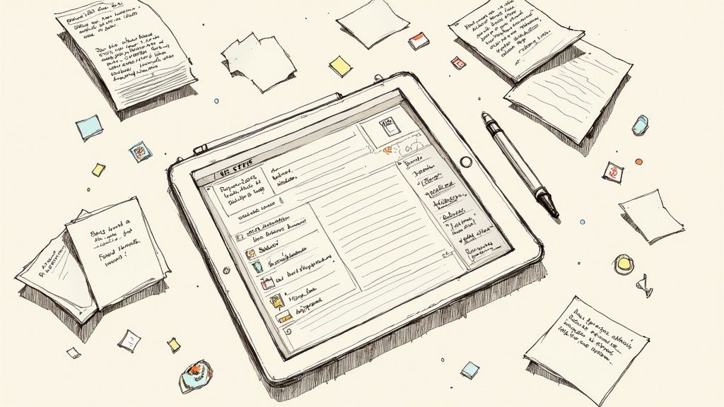 A hand-drawn illustration showing a digital tablet with a note-taking app, surrounded by paper notes and a stylus pen.