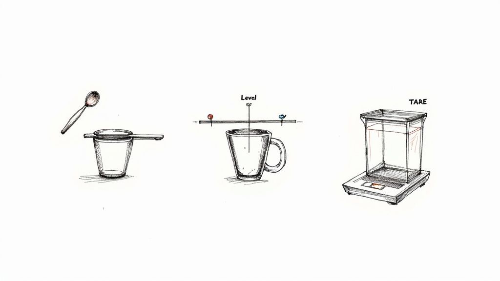 Sketches illustrating cooking measurements: using a spoon with a sieve, checking liquid level in a mug, and a digital kitchen scale with tare function.