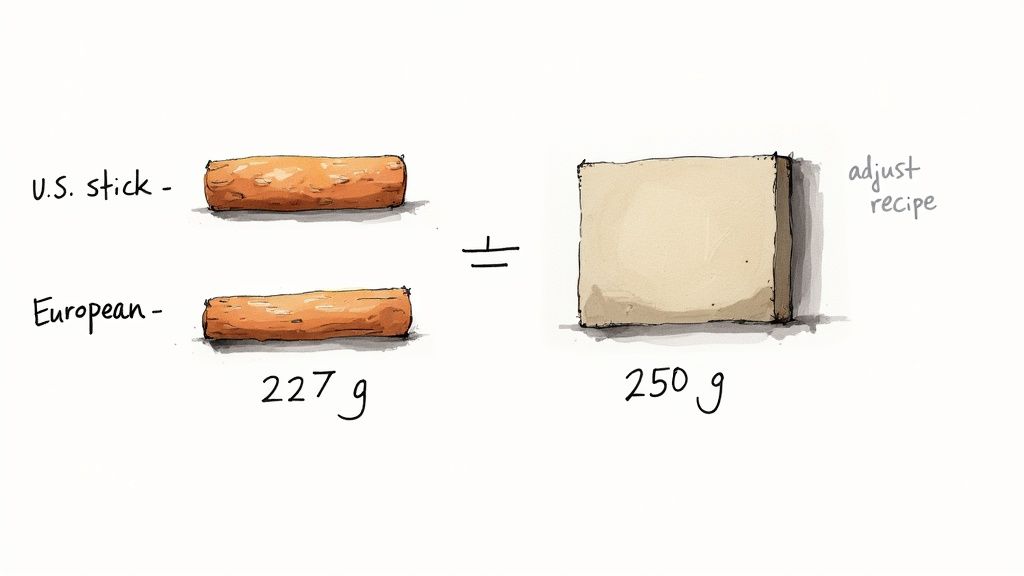Two different types of butter packaging, one a U.S. stick and one a European block, on a kitchen counter.