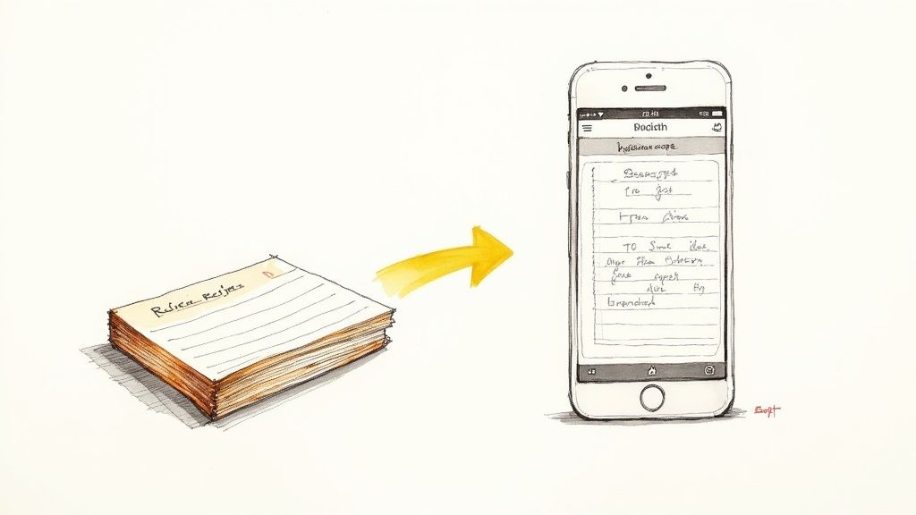A stack of cherished, handwritten family recipe cards next to a modern tablet displaying a digital recipe saver app.