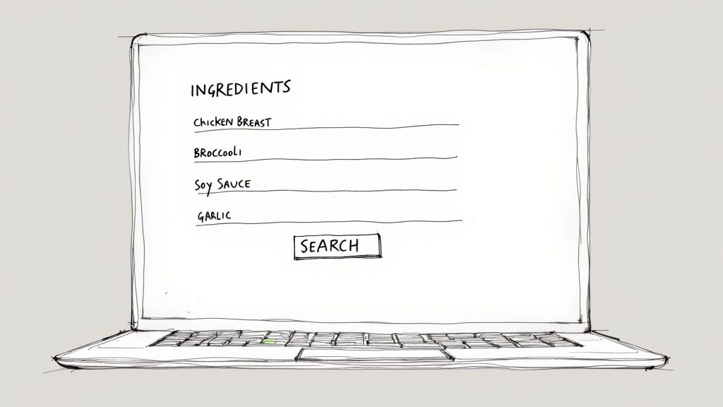 A person using a smartphone to search for recipes, with a background of fresh ingredients like chicken breast, broccoli, and rice on a kitchen counter.