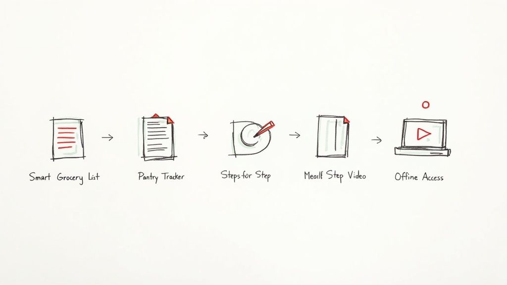 Sketch of a cooking app's features: smart grocery list, pantry tracker, step-by-step instructions, meal video, and offline access.