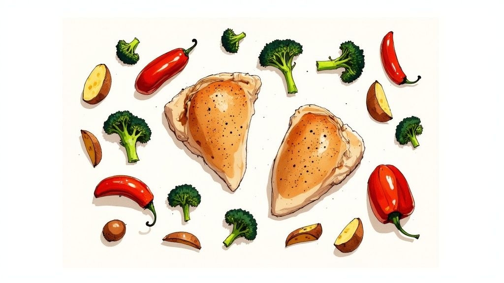 Healthy meal ingredients: cooked chicken breasts, broccoli florets, potato wedges, and red peppers on white.