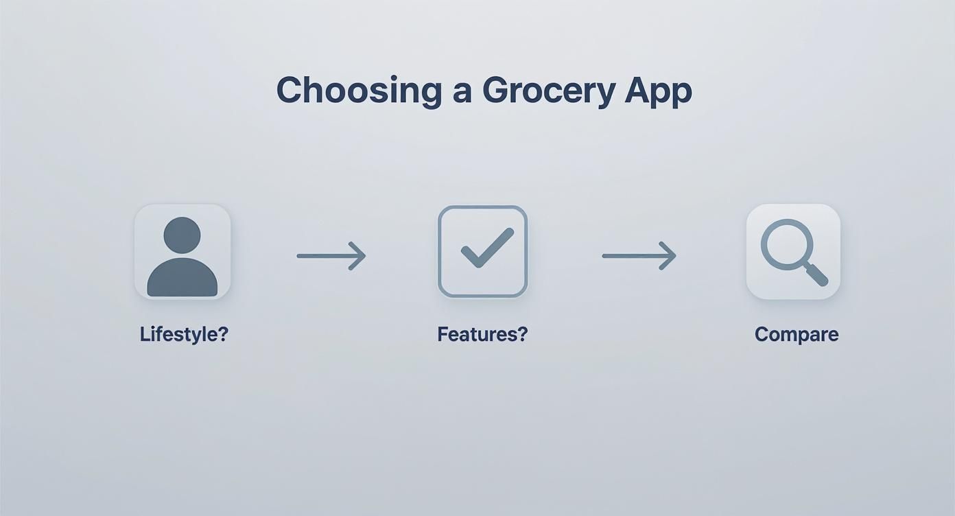 Three-step process for choosing a grocery app: lifestyle, features, and compare options illustrated with icons