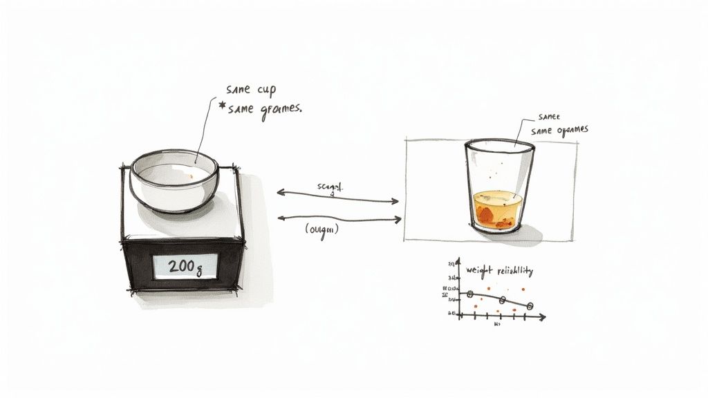 A kitchen scale displays 200g in a bowl, indicating the same amount as liquid in a glass.