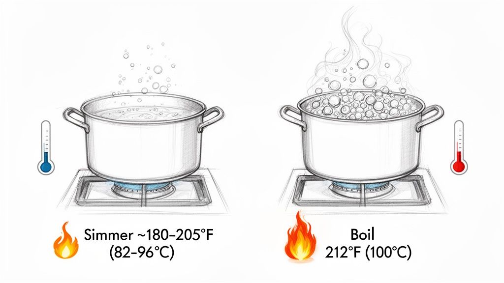 Illustration comparing simmering water at 180-205°F (82-96°C) and boiling water at 212°F (100°C).