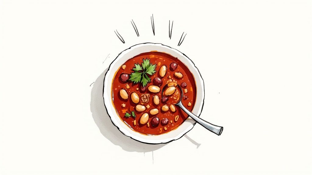 A vibrant, top-down illustration of a bowl of chili with various beans, a spoon, and fresh cilantro.