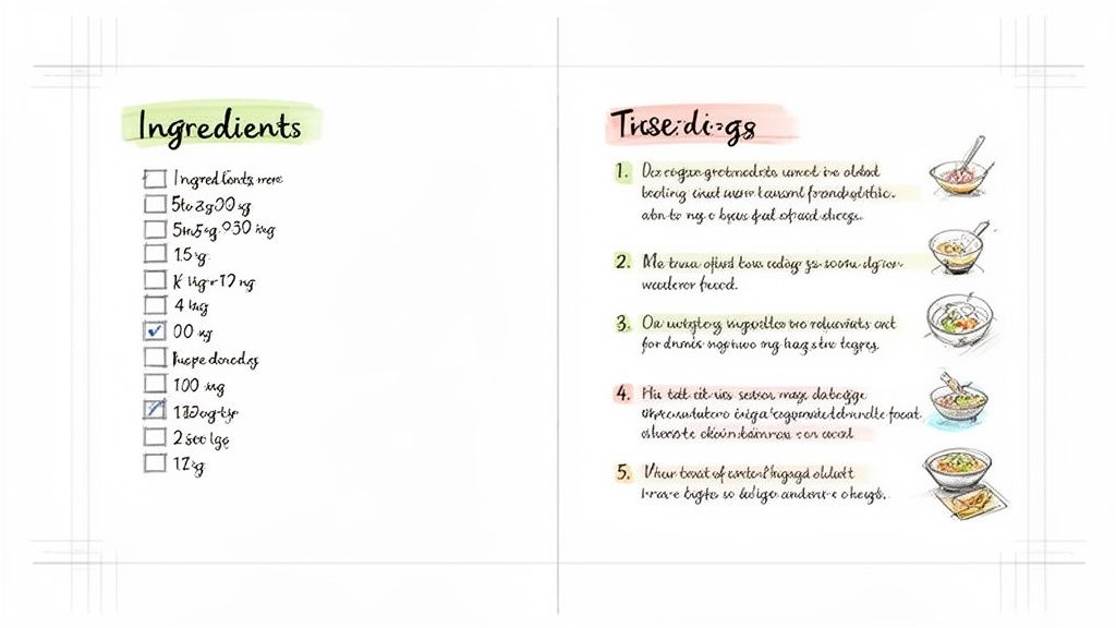 A recipe book page displaying an ingredients checklist on the left and numbered cooking tips with illustrations on the right.