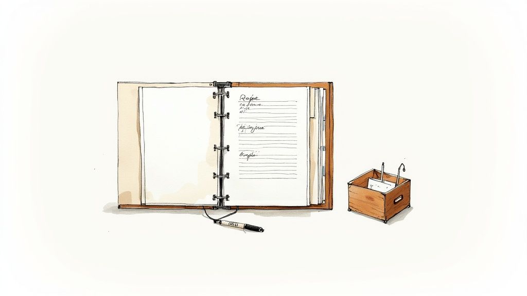 A woman smiling while looking at a recipe on a tablet in a bright, organized kitchen.