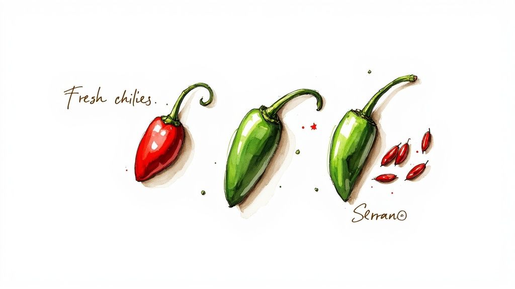 A watercolor illustration of various fresh chilies, including red, green jalapeños, and serranos.