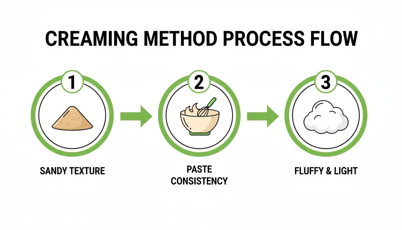 Process flow infographic illustrating the three steps of the creaming method in baking.
