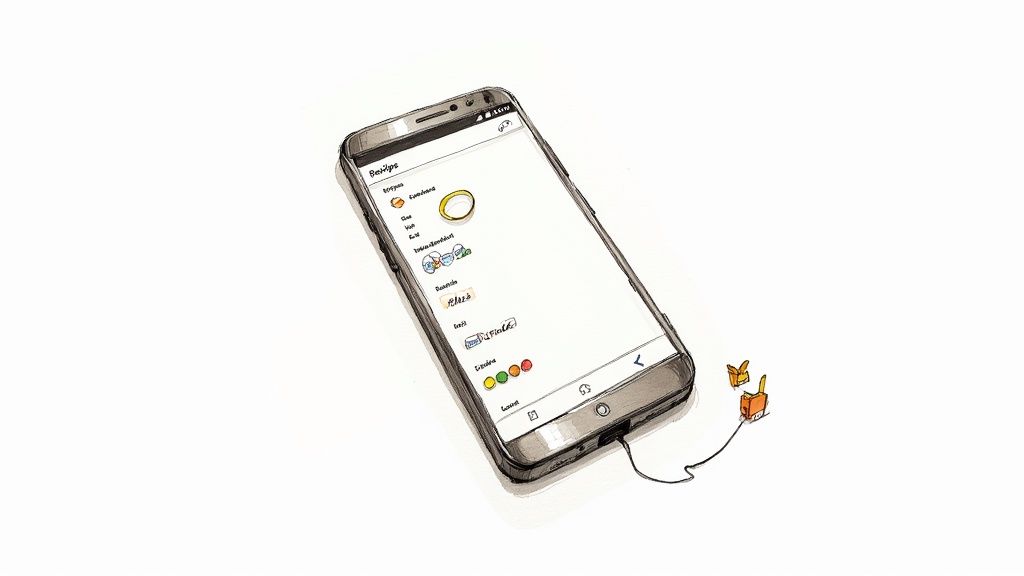 A smartphone shows a 'Badges' app with icons, categories, and a golden ring, connected to a small orange device with two golden creatures.
