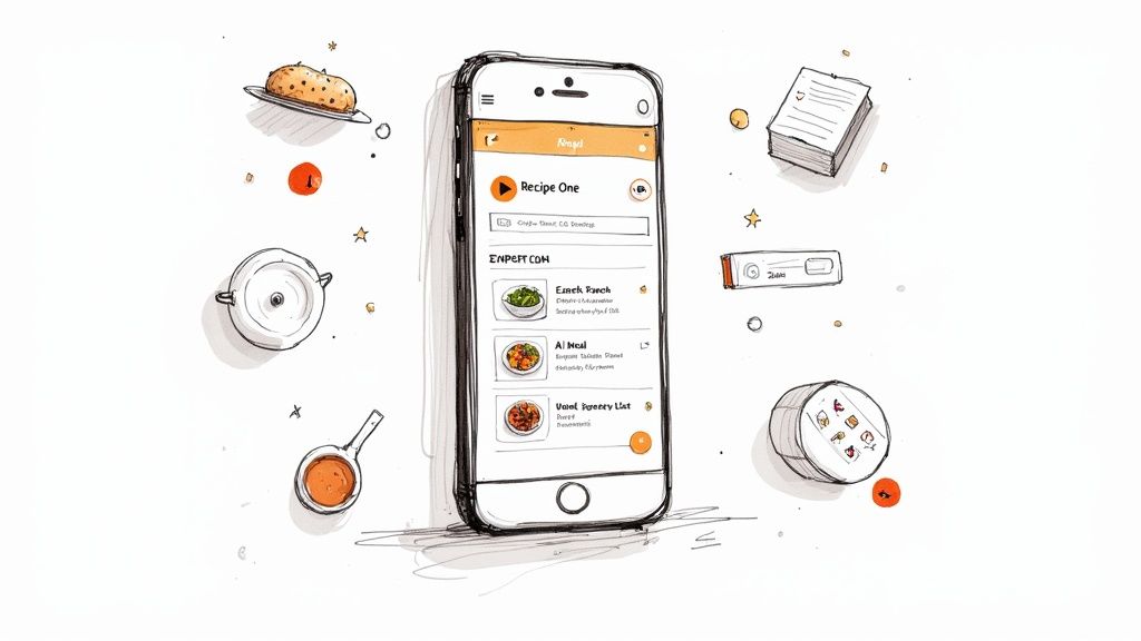 A person happily using the Recipe One app on their tablet in a bright, modern kitchen.