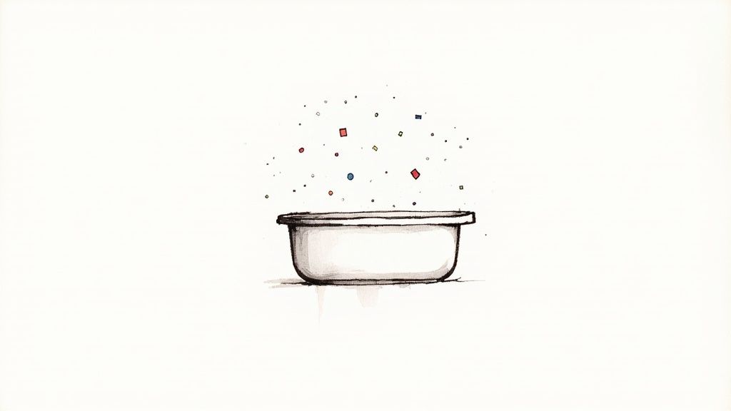 A cup of baking soda is sprinkled into the bottom of an empty dishwasher.