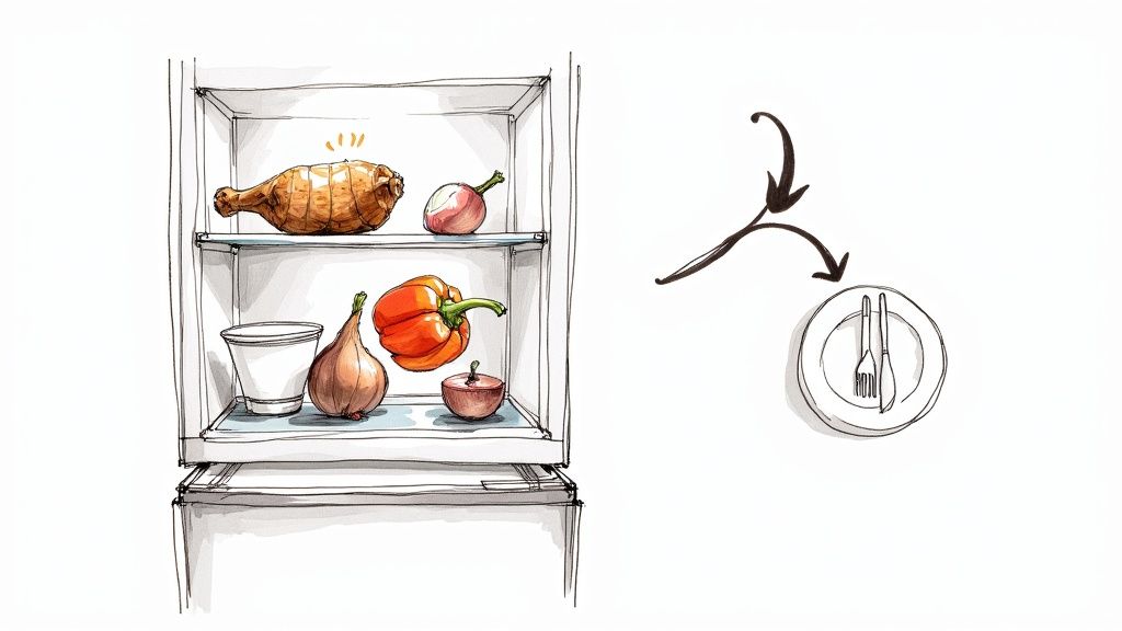 A colorful flat lay of various fresh ingredients like vegetables, herbs, and spices on a dark surface, representing the potential for a meal.