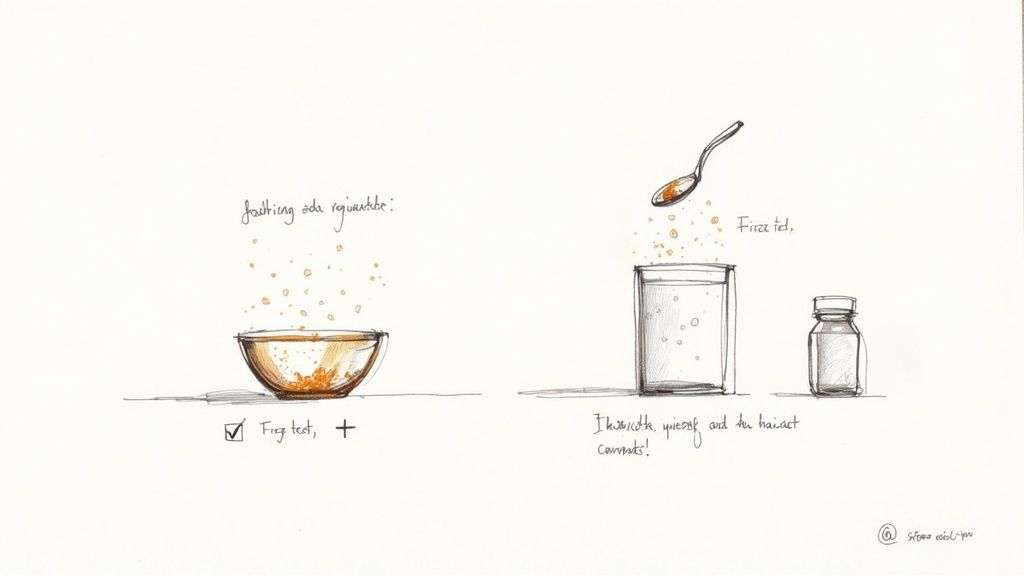 Hand-drawn illustration comparing two experiments with powders in liquid, demonstrating chemical reactions.