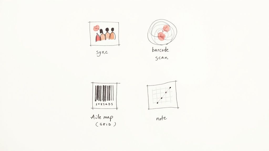 Hand-drawn sketches showing four types of shopping features: sync, barcode scan, aisle map grid, and note