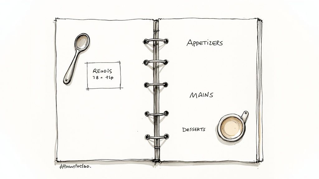 Sketchbook drawing of an open recipe binder with menu categories and kitchen item illustrations.