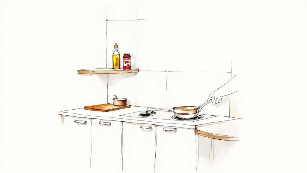 A hand holds a frying pan on a kitchen stovetop, with ingredients on a nearby shelf.