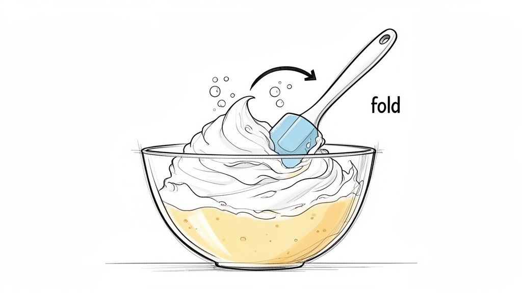 Illustration of a spatula folding a white fluffy mixture into a yellow liquid in a glass bowl, demonstrating the 'fold' baking technique.