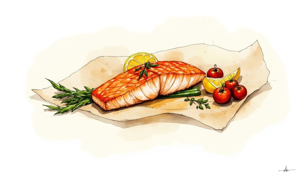Watercolor art of a grilled salmon fillet with lemon slices, cherry tomatoes, and fresh herbs.