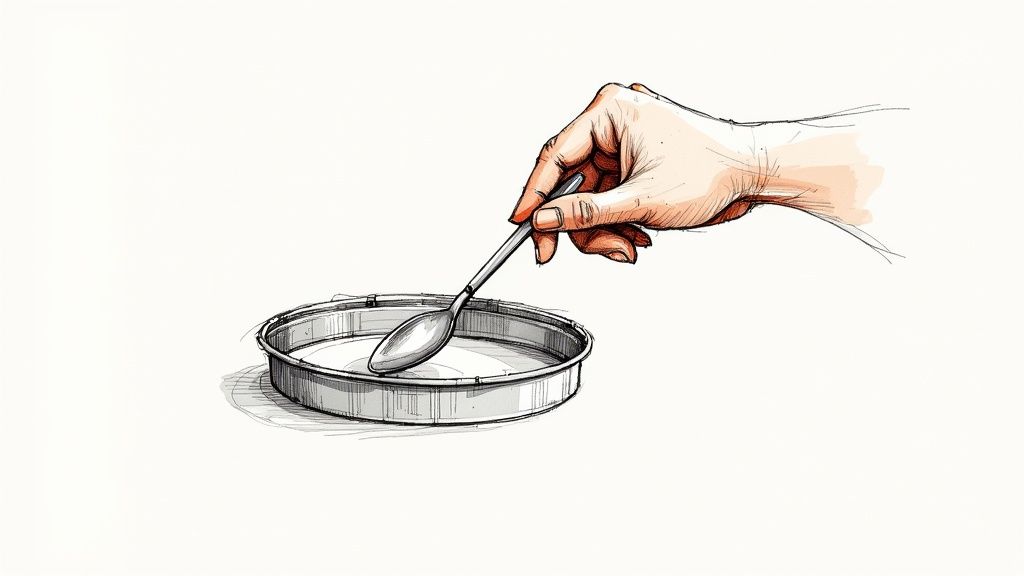 A tin can being rubbed against a rough concrete surface to open it.