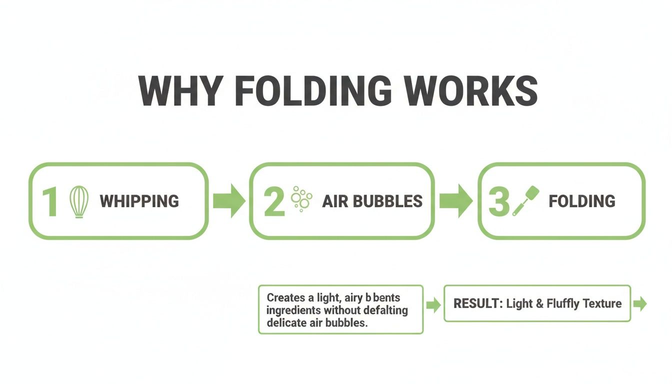 Infographic illustrating why folding works in baking, showing steps for light and fluffy texture.