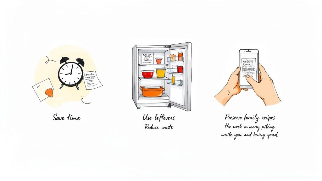 Three illustrations demonstrating the benefits of a recipe keeper app: saving time, reducing waste, and preserving family recipes.