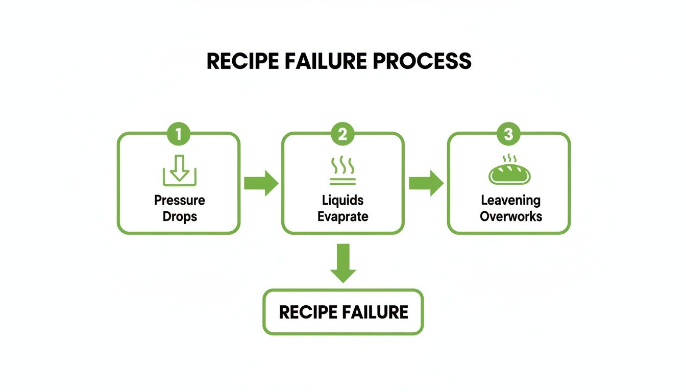Flowchart illustrating the recipe failure process: pressure drops, liquids evaporate, and leavening overworks, leading to recipe failure.