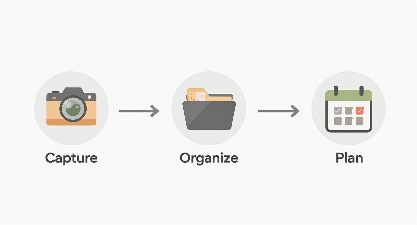 Infographic showing a workflow with camera (Capture), folder (Organize), and calendar (Plan) icons.