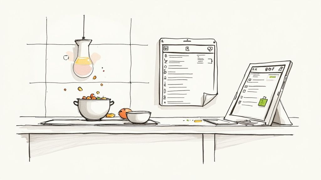 A person using a tablet in a modern kitchen, with fresh vegetables on the counter, showcasing a recipe organizer app.