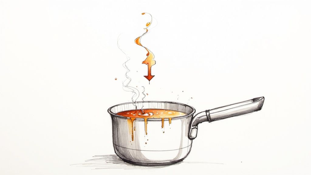 A dark red sauce simmering in a stainless steel saucepan on a stove.