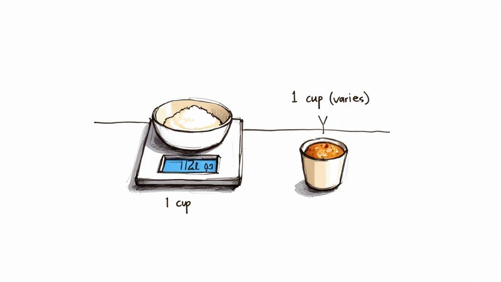 A digital kitchen scale with a bowl of flour on it, demonstrating weighing ingredients for a recipe.