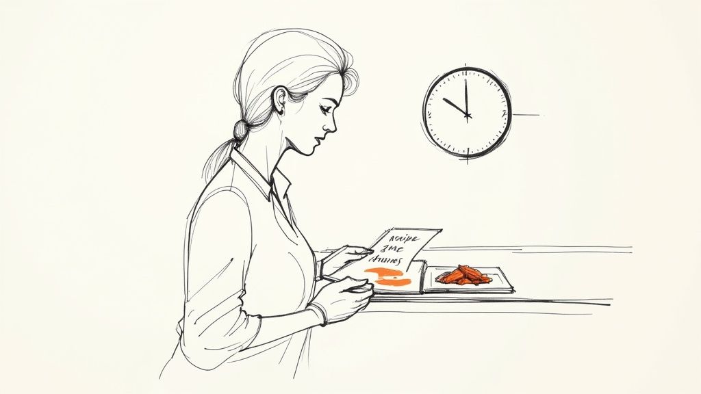 Sketch of a woman attentively reading a recipe, with a plate of cooked food nearby and a clock on the wall.