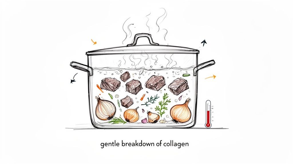 A hand-drawn illustration of ingredients like meat, onions, and herbs simmering in a pot, demonstrating the gentle breakdown of collagen.