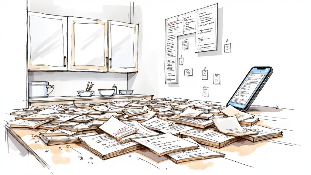 An organized kitchen counter with a tablet displaying a recipe, surrounded by fresh ingredients like vegetables and herbs.