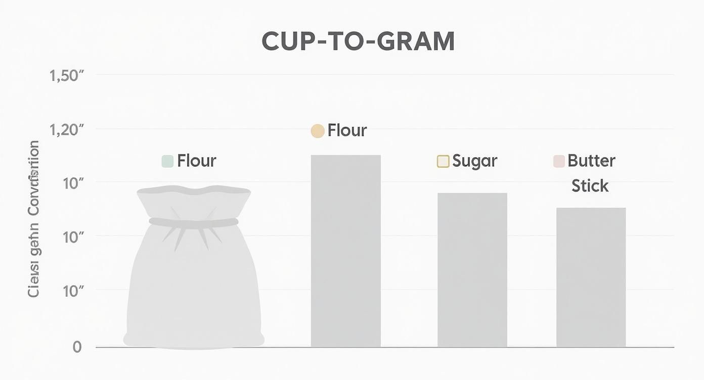 Bar chart illustrating cup to gram conversions for flour, sugar, and butter stick.