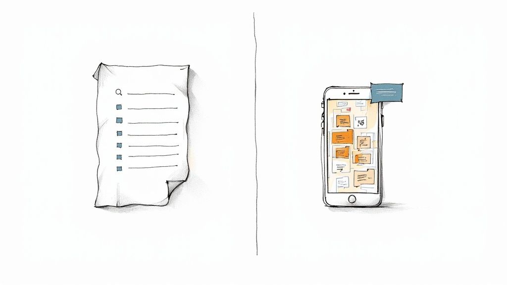 Side by side comparison of paper grocery list and mobile phone displaying digital shopping app interface