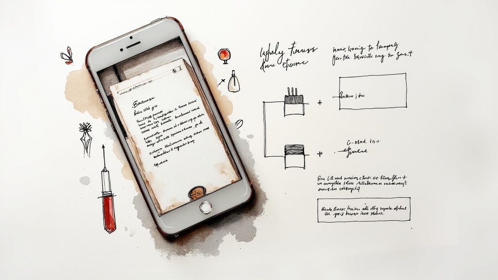A close-up shot of a smartphone scanning a recipe from an open cookbook.