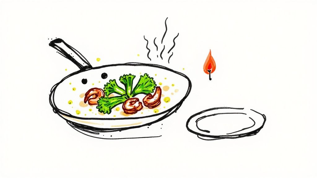 Cartoon illustration of a steaming pan with cooked shrimp, greens, and a side plate, suggesting cooking.