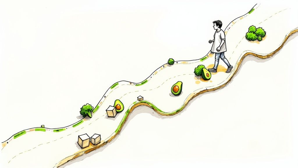 An overhead shot of various colorful low-carb vegetarian dishes, including salads and tofu stir-fries, arranged on a wooden table.