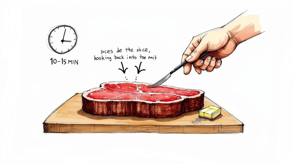 A perfectly sliced thick steak served on a cutting board.