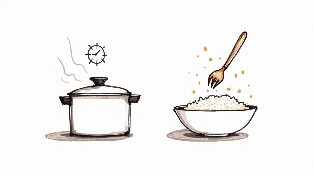 Woman holding a bowl of perfectly cooked white rice.