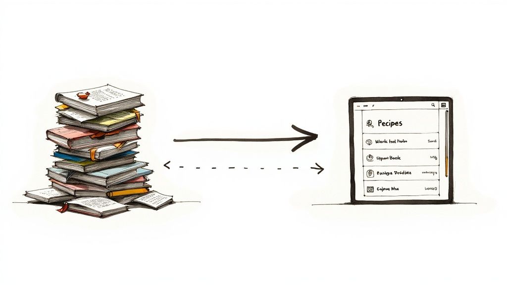 A stack of colorful physical recipe books next to a tablet displaying a digital recipes app.