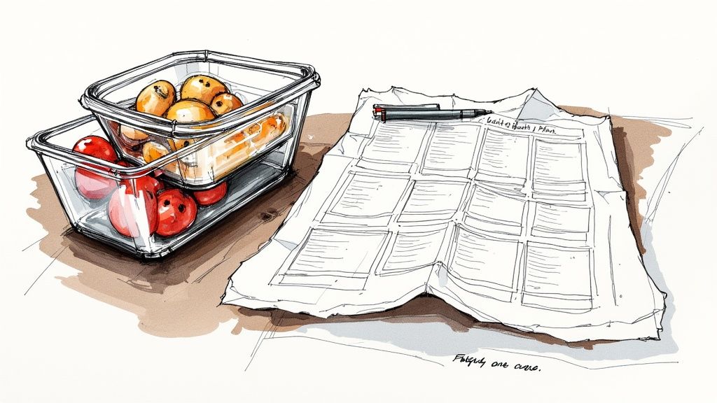 A person looking thoughtfully into an open refrigerator filled with fresh ingredients.