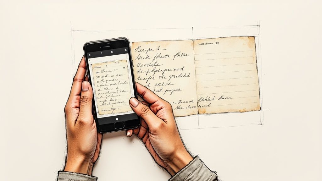 Hands hold a smartphone, scanning an old handwritten recipe card for digital preservation.