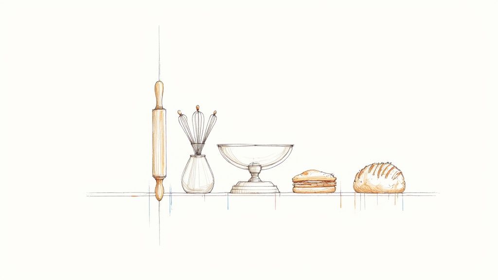 Hand-drawn illustration of baking essentials: rolling pin, whisks, bowl, pastries, and bread on a line.