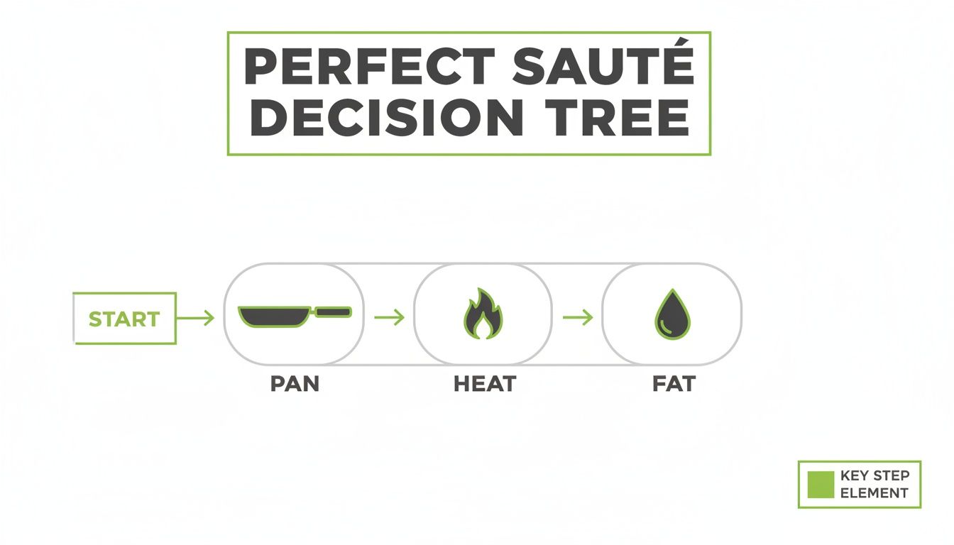 A 'Perfect Sauté Decision Tree' flowchart illustrating the key cooking steps: Pan, Heat, and Fat.