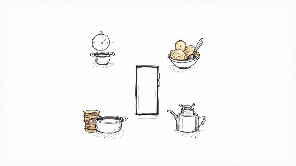 A hand-drawn sketch showing cooking items like a clock, pots, a kettle, food, and a smartphone.