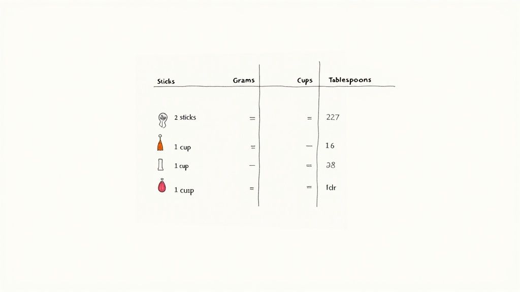 A detailed chart showing butter conversions from sticks to grams, cups, and ounces.
